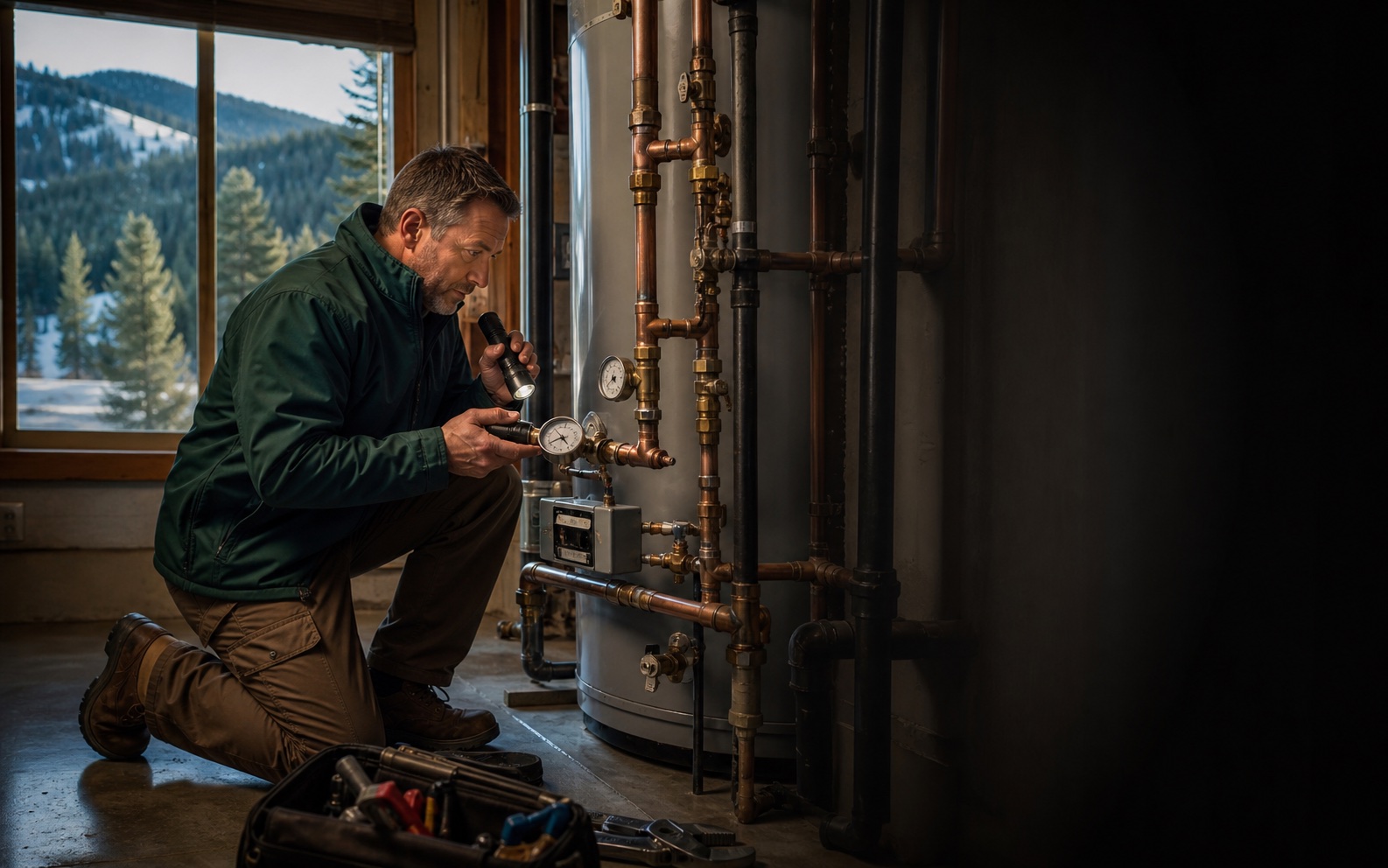 Plumber inspecting water-heater piping inside an Evergreen mountain home