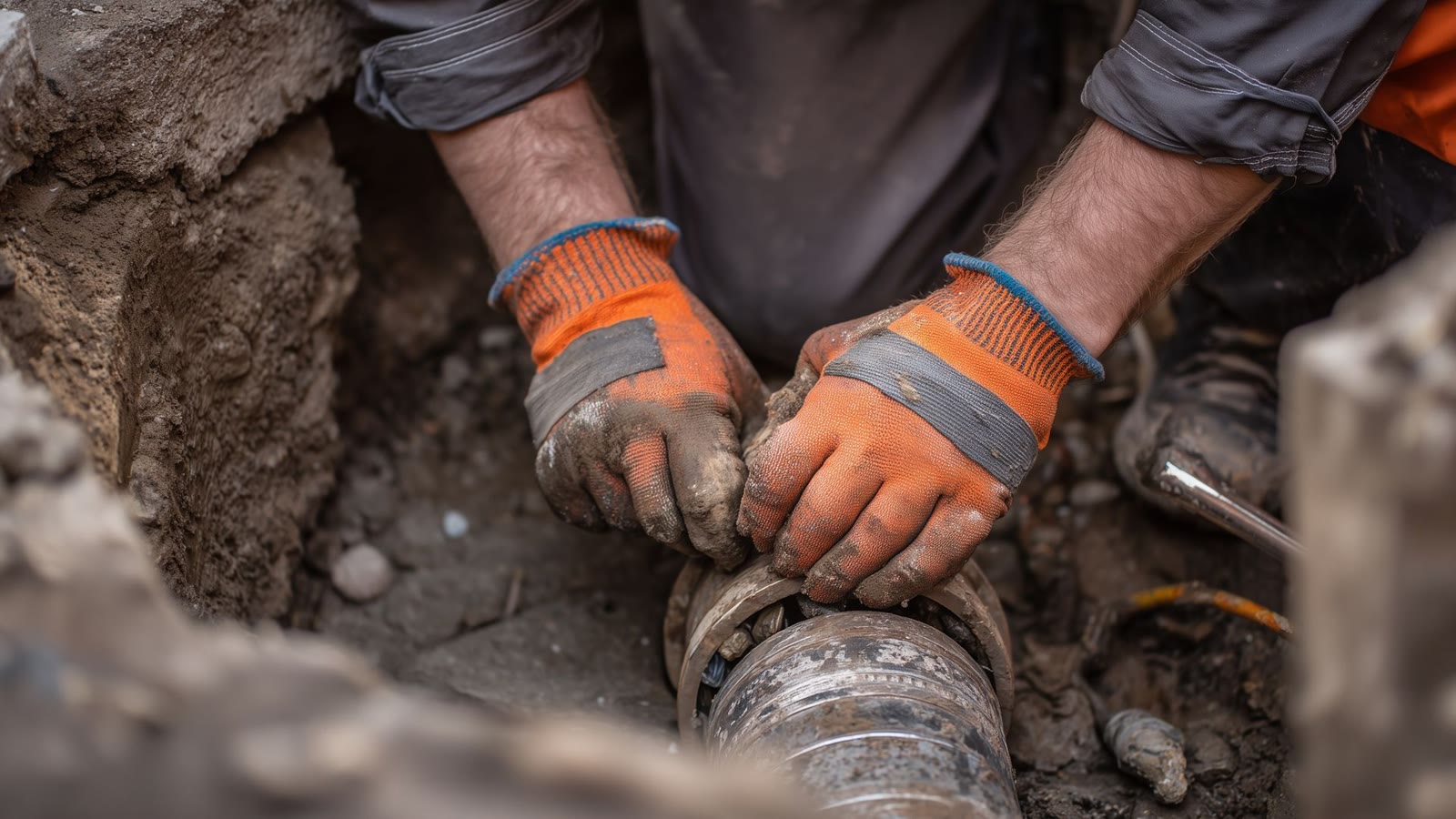 Plumber repairing an underground pipe connection
